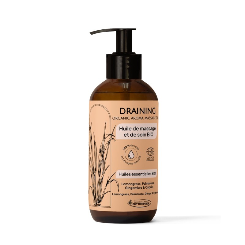 Huile de Massage Draining - Lemongrass, Palmarosa, Gingembre, Cyprès -250 ml