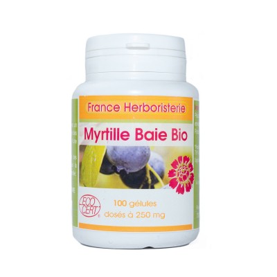 MYRTILLE BAIE GELES 100 Kapseln mit einer Dosierung von 250 mg.
