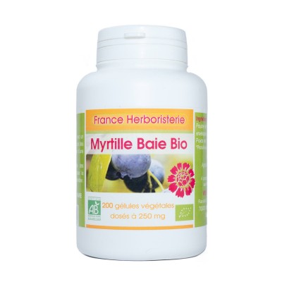 200 Kapseln MYRTILLE BEERE BIO AB dosiert mit 250 mg.