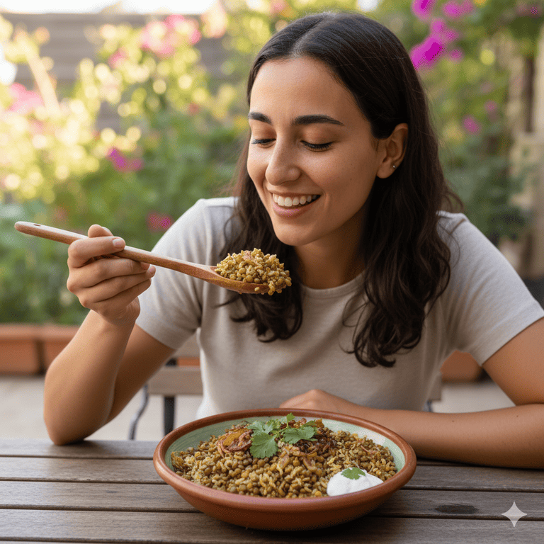 femme mange plat lentilles